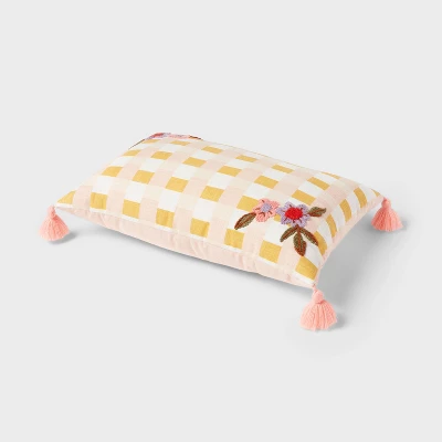 Checkered With Flower Embroidery Kids' Decorative Pillow - Pillowfort™ - Image 2